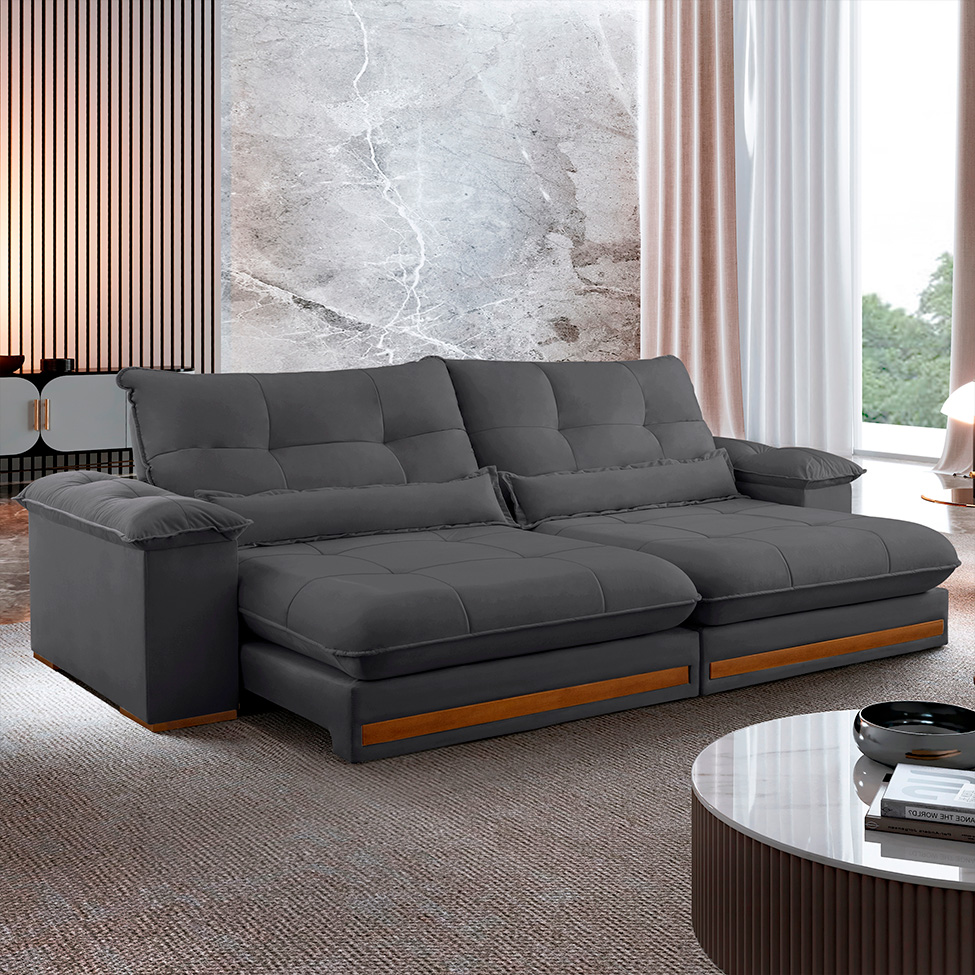 Sofá 3 Lugares Retrátil e Reclinável Qatar Veludo Cinza 220 cm