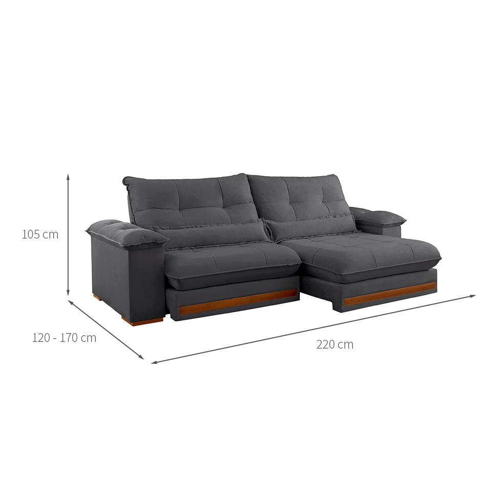 Sofá 3 Lugares Retrátil e Reclinável Qatar Veludo Cinza 220 cm