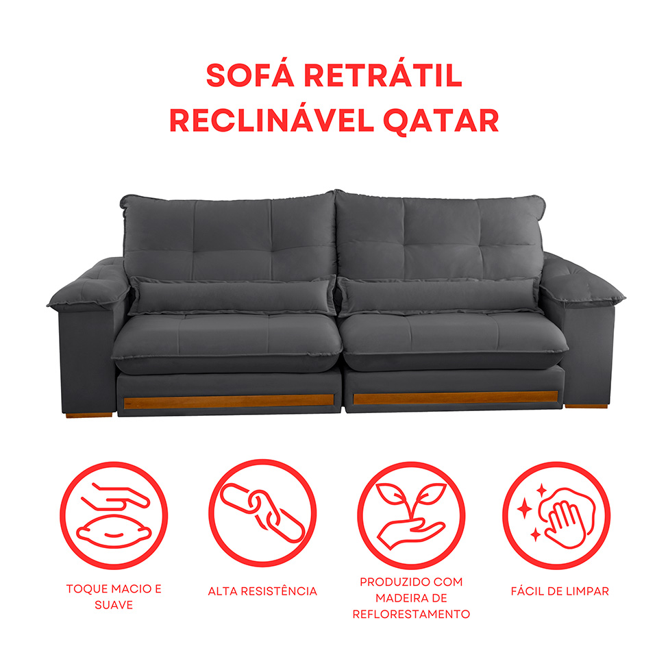 Sofá 3 Lugares Retrátil e Reclinável Qatar Veludo Cinza 220 cm