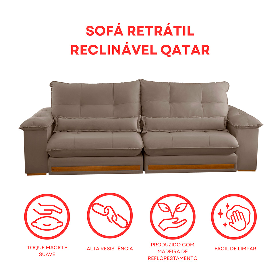 Sofá 3 Lugares Retrátil e Reclinável Qatar Veludo Marrom 220 cm