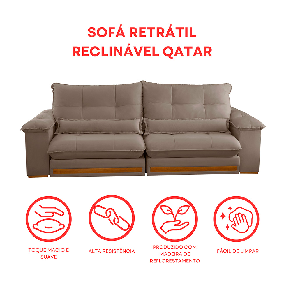 Sofá 3 Lugares Retrátil e Reclinável Qatar Veludo Marrom 240 cm