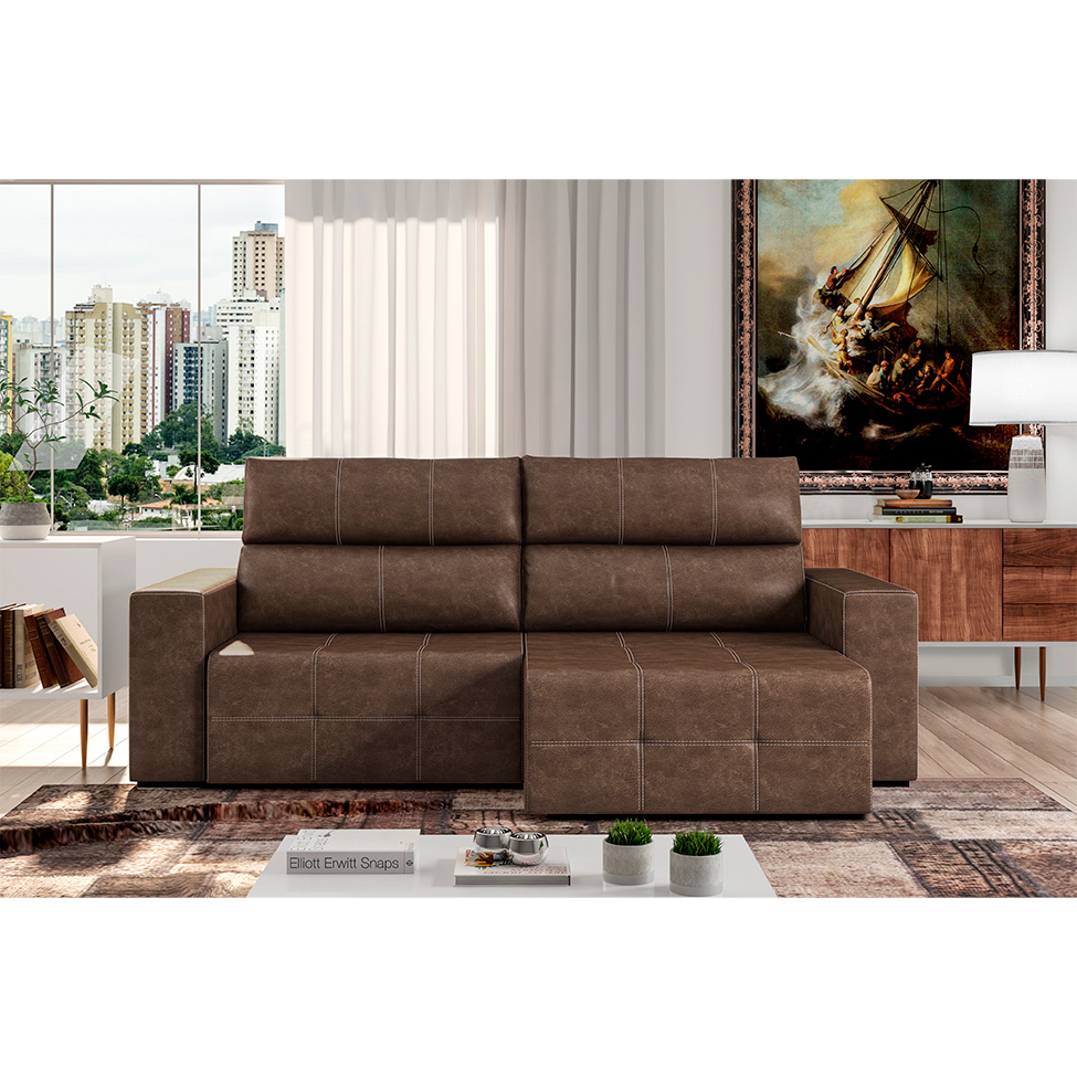 Sofá 3 Lugares Retrátil e Reclinável Roma Couro Mel 244 cm