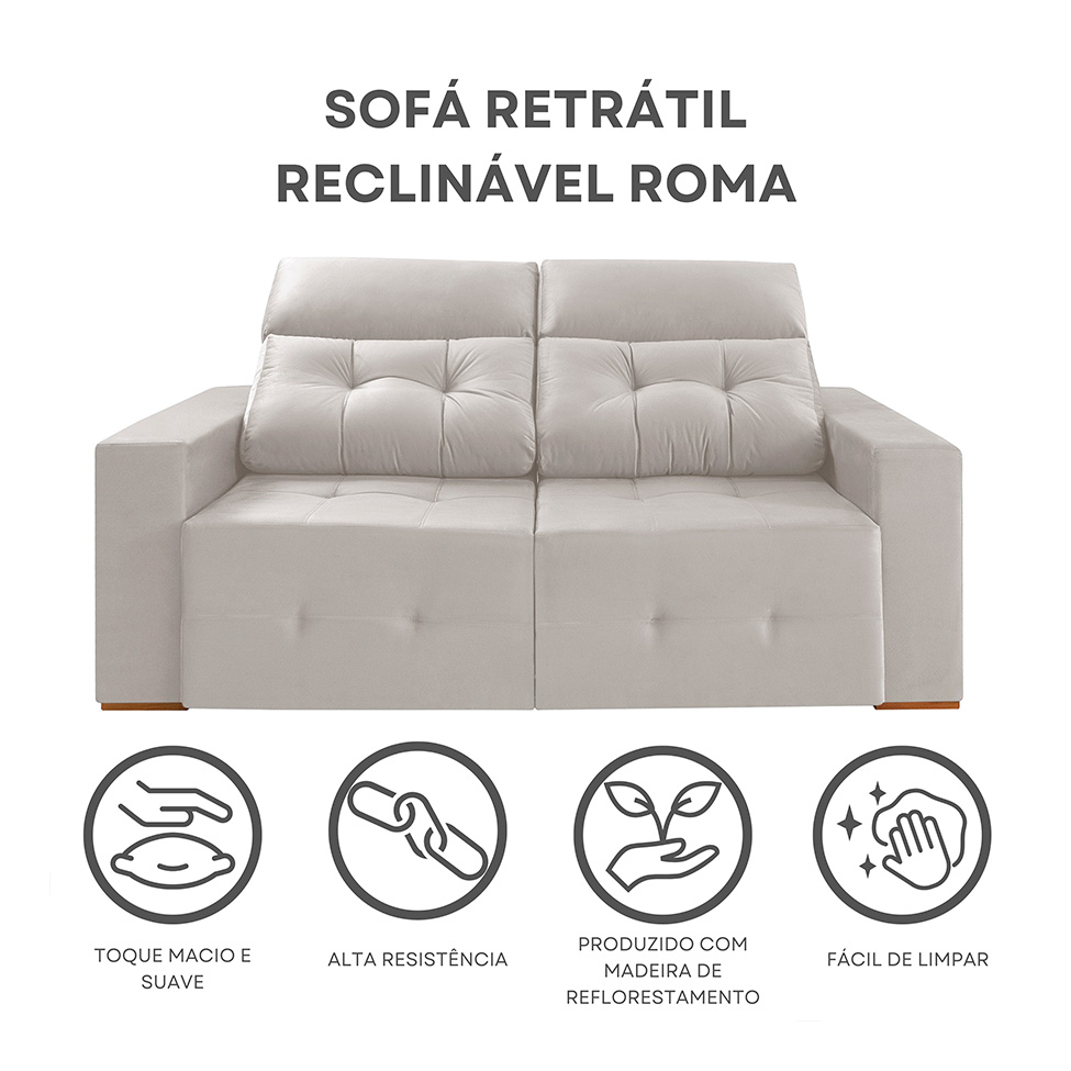 Sofá 3 Lugares Retrátil e Reclinável Roma Veludo Areia 180 cm
