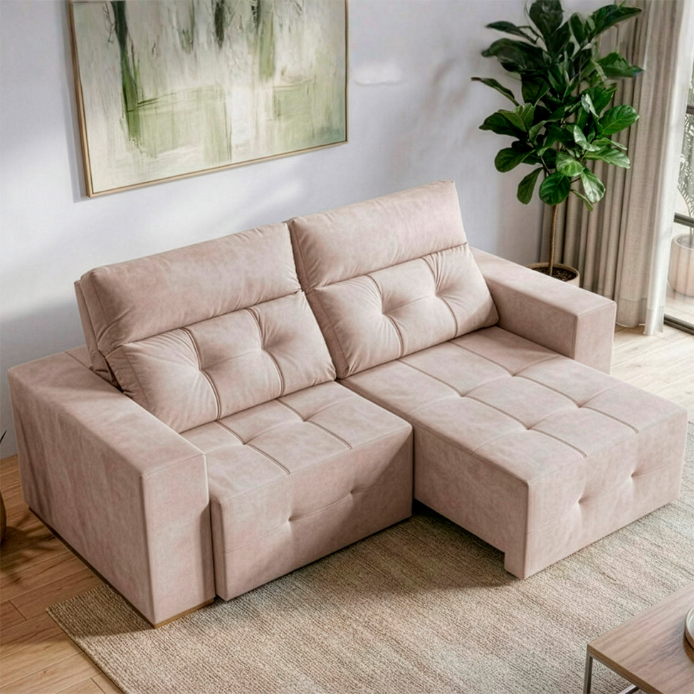 Sofá 3 Lugares Retrátil e Reclinável Roma Veludo Areia 210 cm