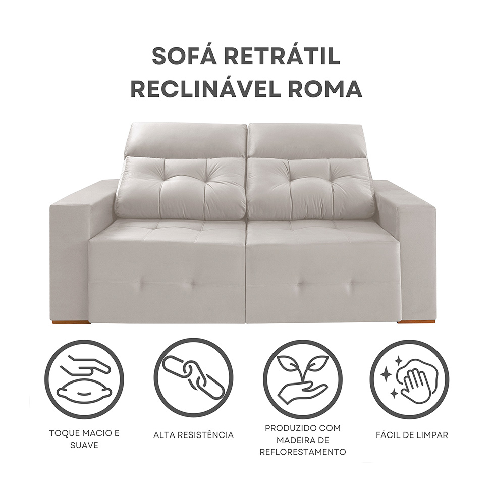 Sofá 3 Lugares Retrátil e Reclinável Roma Veludo Areia 210 cm