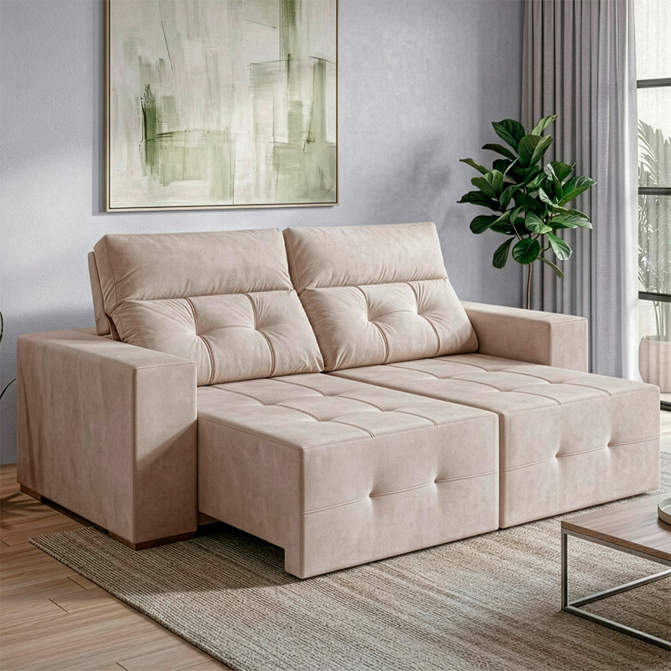 Sofá 3 Lugares Retrátil e Reclinável Roma Veludo Areia 230 cm