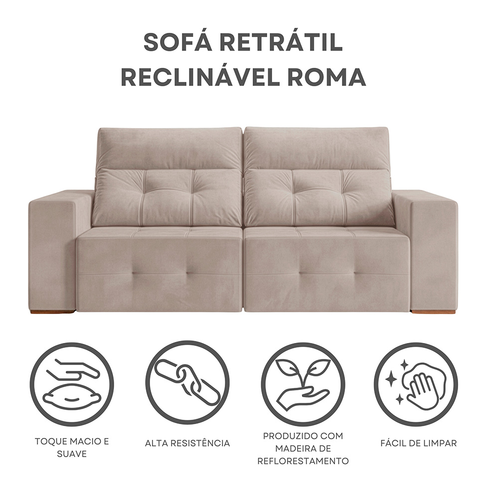 Sofá 3 Lugares Retrátil e Reclinável Roma Veludo Areia 230 cm