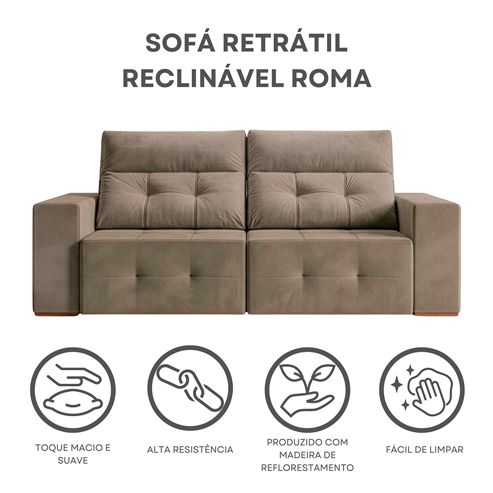Sofá 3 Lugares Retrátil e Reclinável Roma Veludo Bege 210 cm