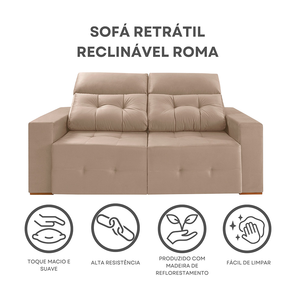 Sofá 3 Lugares Retrátil e Reclinável Roma Veludo Bege 210 cm