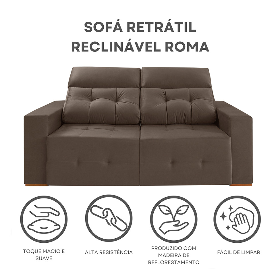 Sofá 3 Lugares Retrátil e Reclinável Roma Veludo Marrom 210 cm