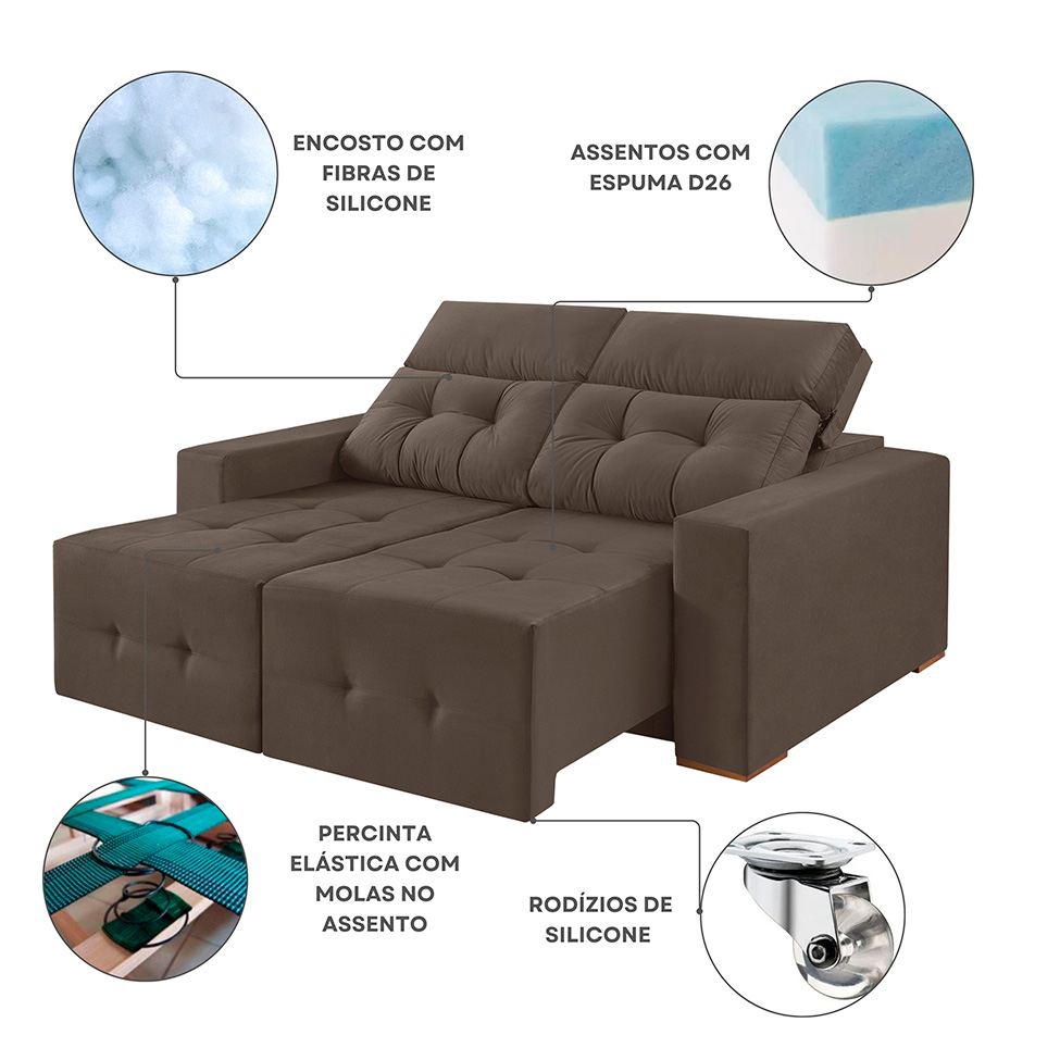 Sofá 3 Lugares Retrátil e Reclinável Roma Veludo Marrom 230 cm