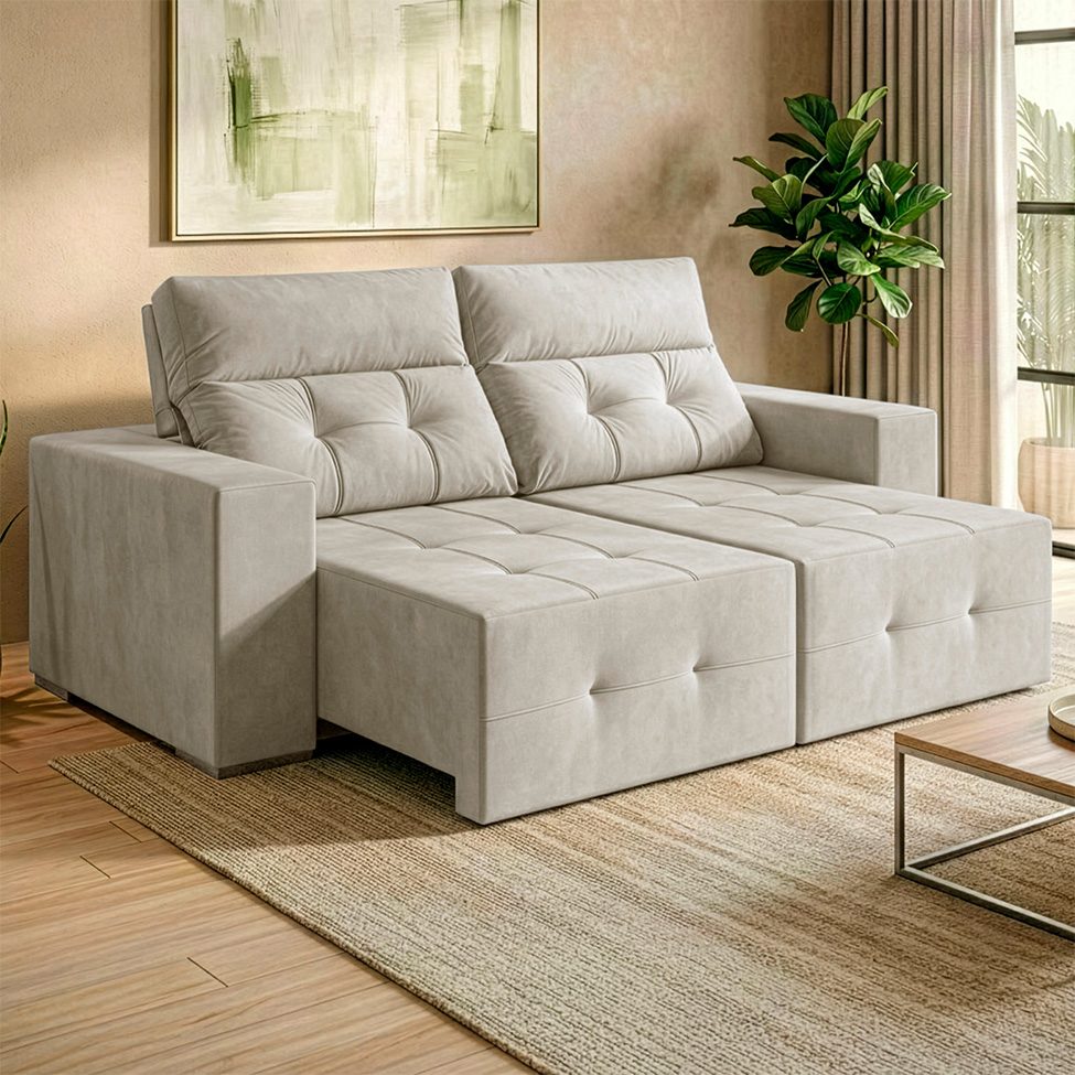 Sofá 3 Lugares Retrátil e Reclinável Roma Veludo Prata 180 cm