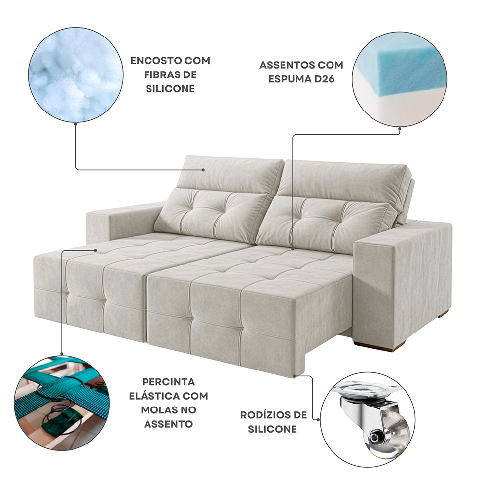 Sofá 3 Lugares Retrátil e Reclinável Roma Veludo Prata 180 cm