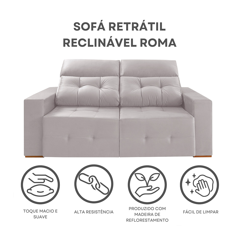 Sofá 3 Lugares Retrátil e Reclinável Roma Veludo Prata 180 cm