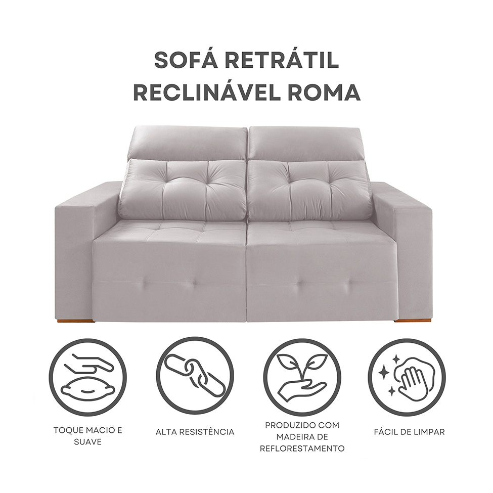 Sofá 3 Lugares Retrátil e Reclinável Roma Veludo Prata 210 cm