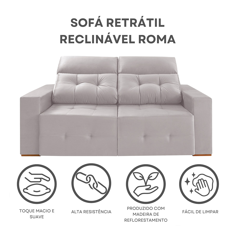 Sofá 3 Lugares Retrátil e Reclinável Roma Veludo Prata 230 cm