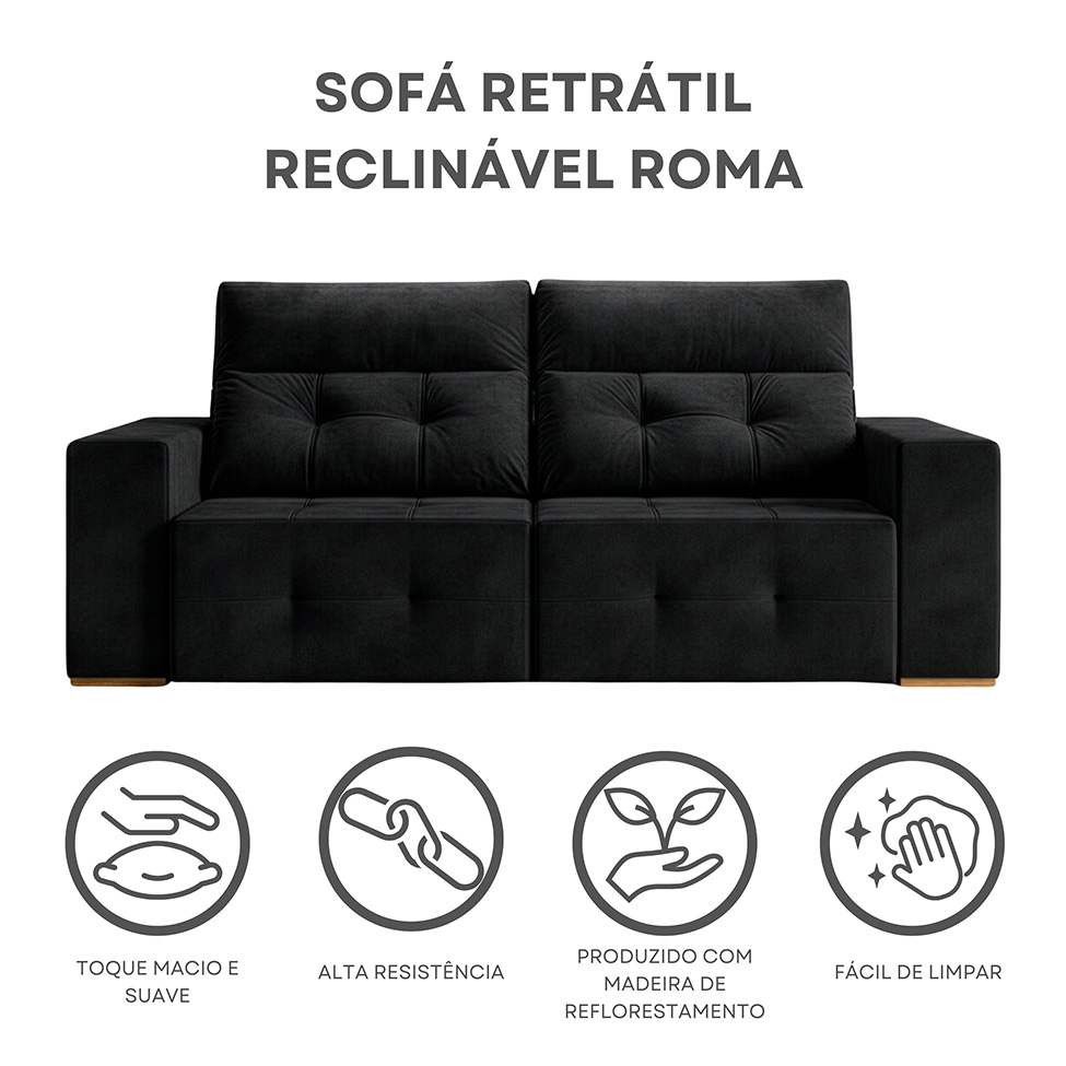 Sofá 3 Lugares Retrátil e Reclinável Roma Veludo Preto 180 cm