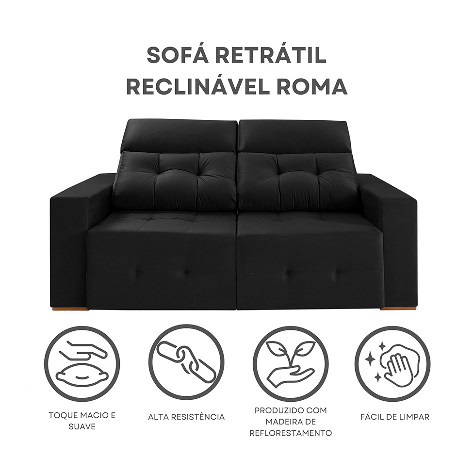 Sofá 3 Lugares Retrátil e Reclinável Roma Veludo Preto 180 cm