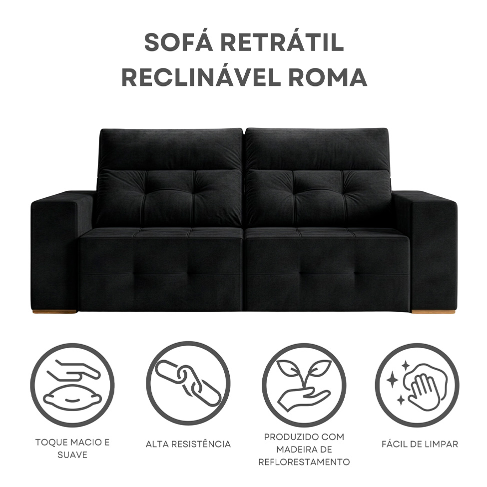 Sofá 3 Lugares Retrátil e Reclinável Roma Veludo Preto 210 cm