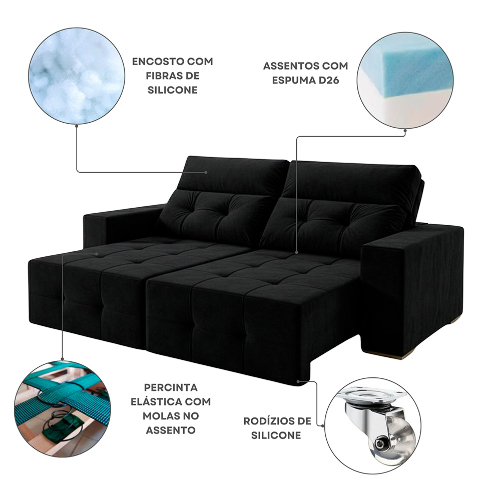 Sofá 3 Lugares Retrátil e Reclinável Roma Veludo Preto 210 cm