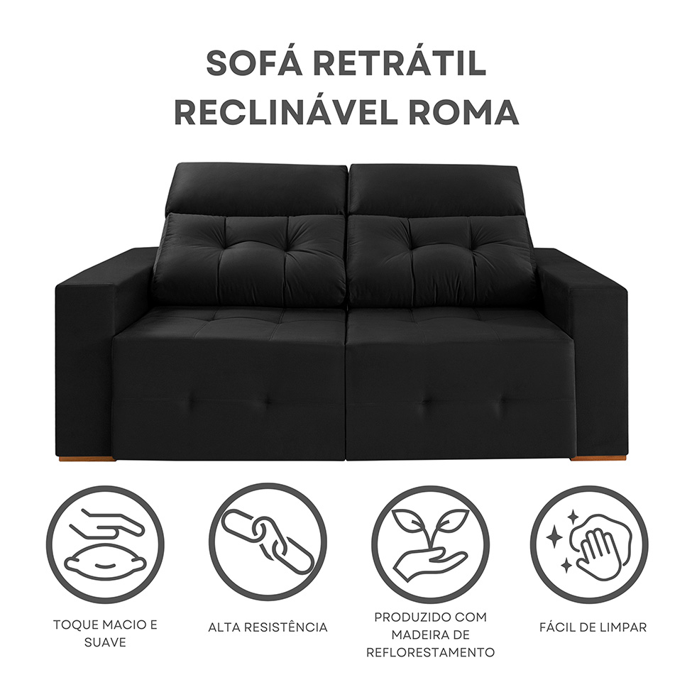 Sofá 3 Lugares Retrátil e Reclinável Roma Veludo Preto 210 cm