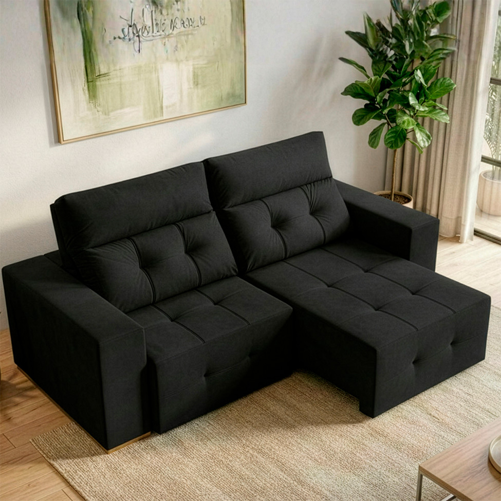 Sofá 3 Lugares Retrátil e Reclinável Roma Veludo Preto 230 cm