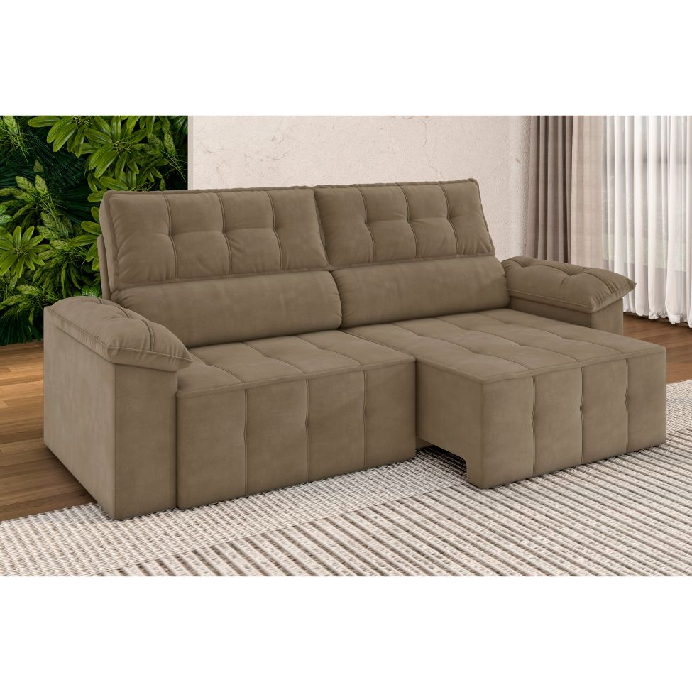 Sofá 3 Lugares Retrátil e Reclinável Santorini Veludo Capuccino 220 cm