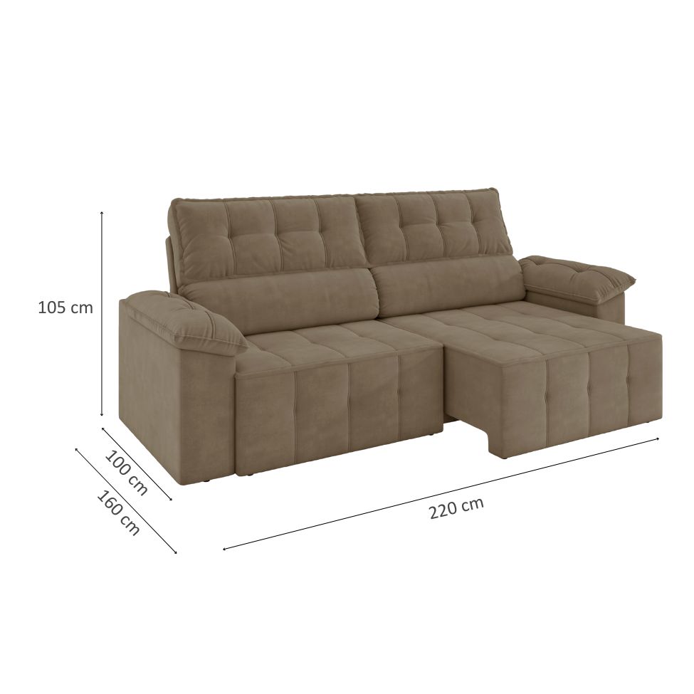 Sofá 3 Lugares Retrátil e Reclinável Santorini Veludo Capuccino 220 cm