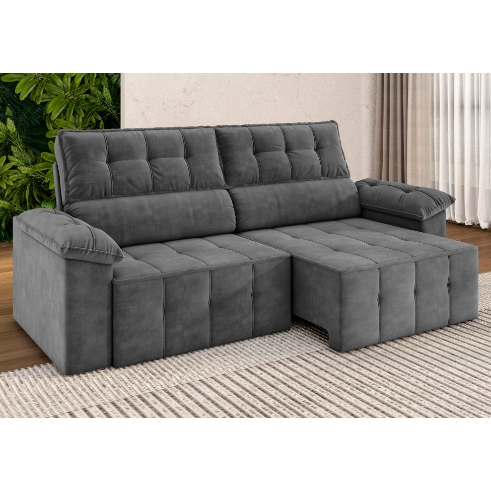 Sofá 3 Lugares Retrátil e Reclinável Santorini Veludo Cinza 220 cm