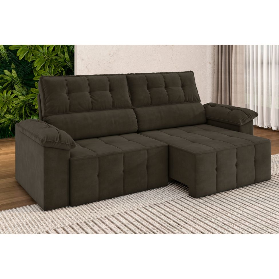 Sofá 3 Lugares Retrátil e Reclinável Santorini Veludo Marrom 220 cm