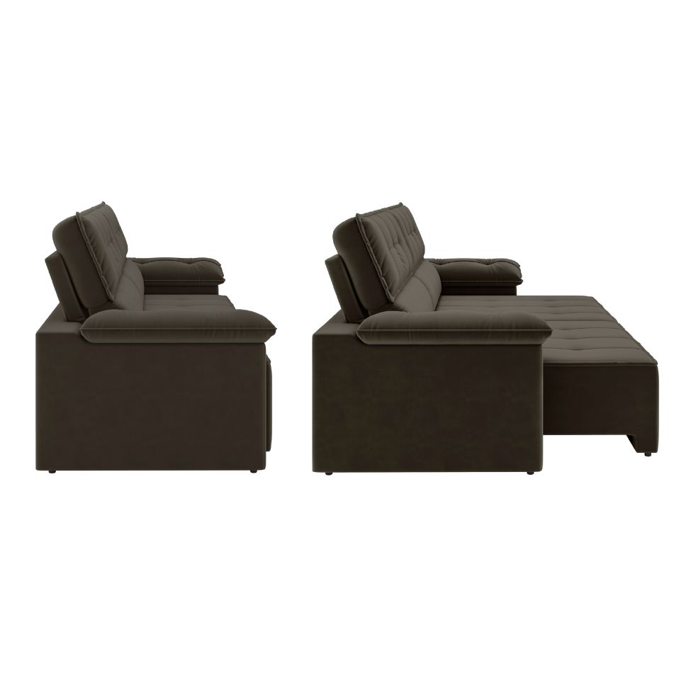 Sofá 3 Lugares Retrátil e Reclinável Santorini Veludo Marrom 220 cm