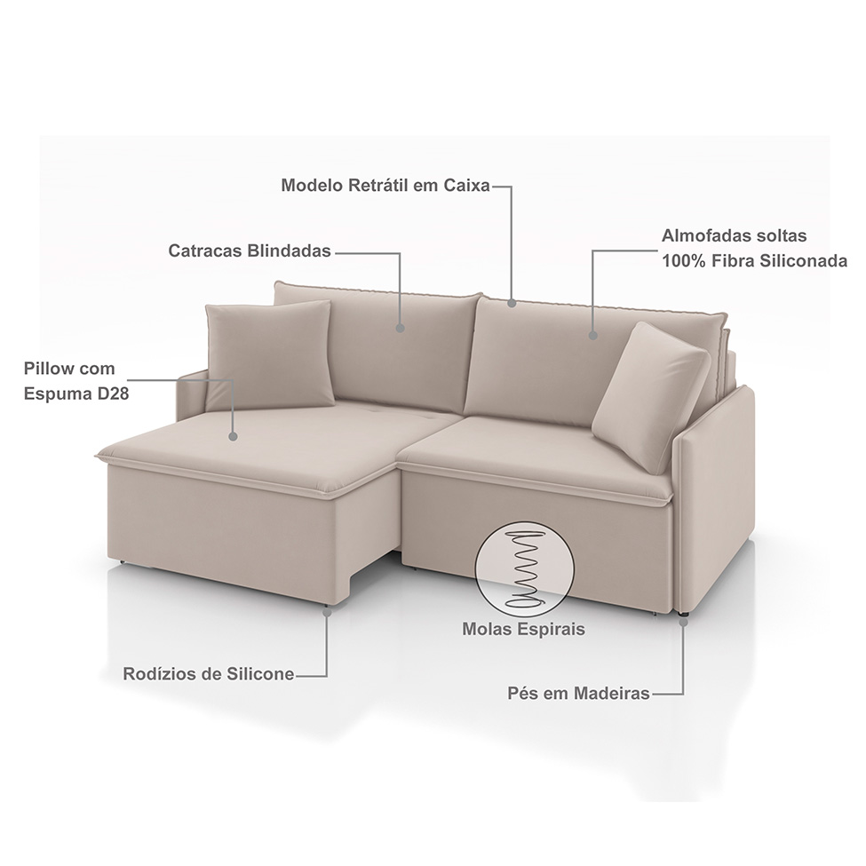 Sofá 3 Lugares Retrátil e Reclinável Stilo Veludo Creme 194 cm