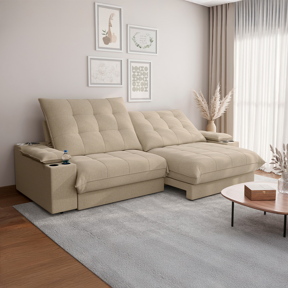 Sofá 3 Lugares Retrátil e Reclinável Volare com USB e Porta-Copos Linho Bege