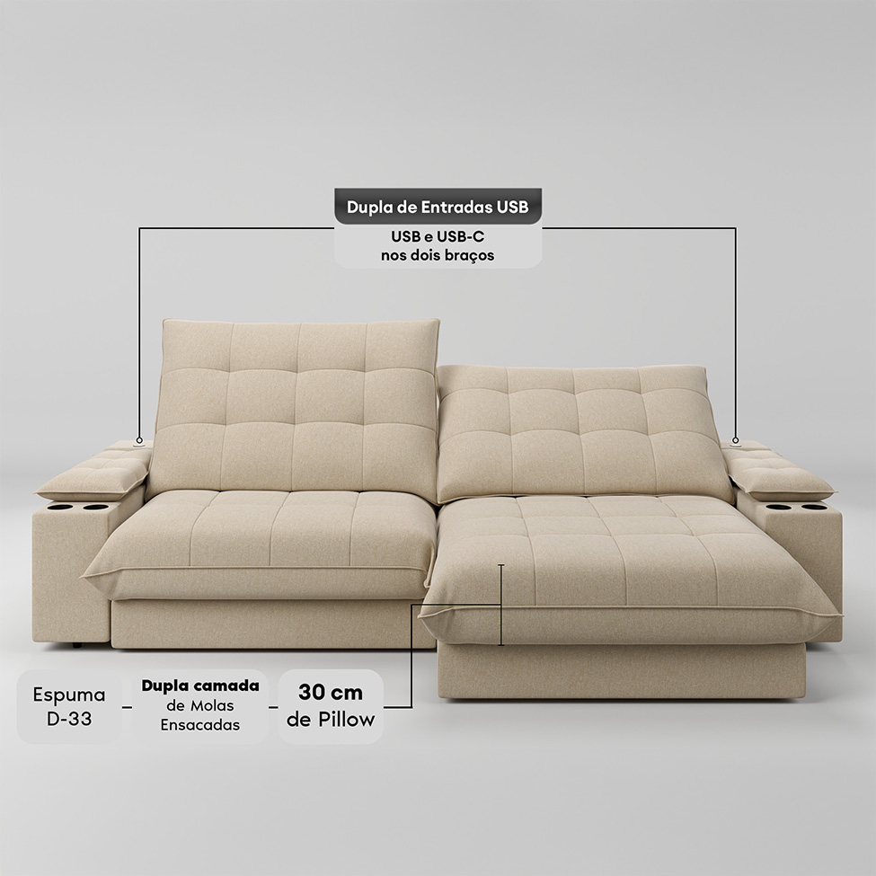 Sofá 3 Lugares Retrátil e Reclinável Volare com USB e Porta-Copos Linho Bege
