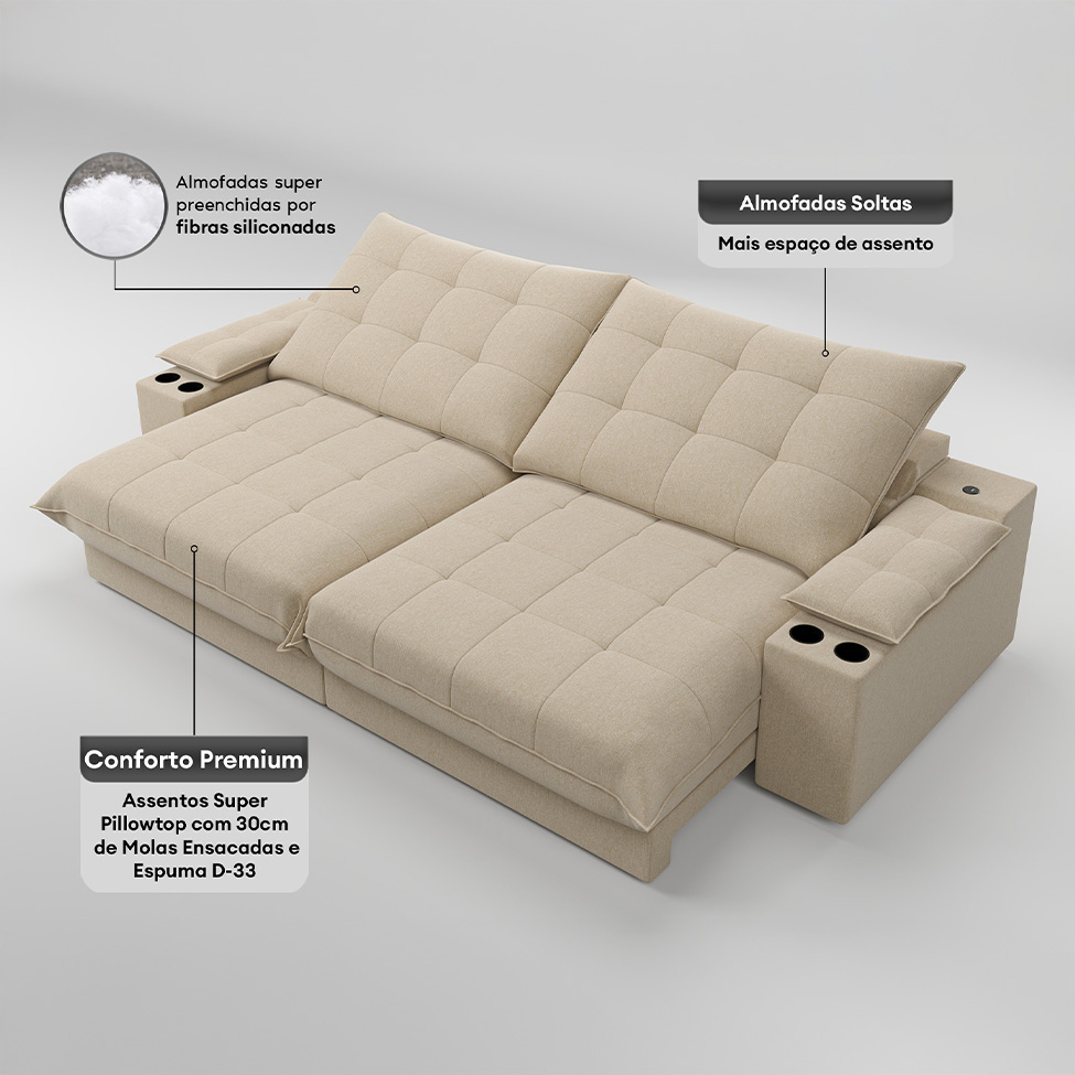 Sofá 3 Lugares Retrátil e Reclinável Volare com USB e Porta-Copos Linho Bege