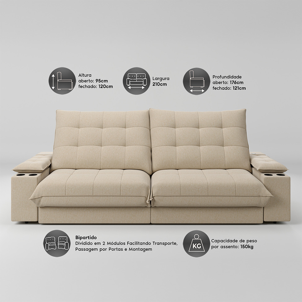 Sofá 3 Lugares Retrátil e Reclinável Volare com USB e Porta-Copos Linho Bege