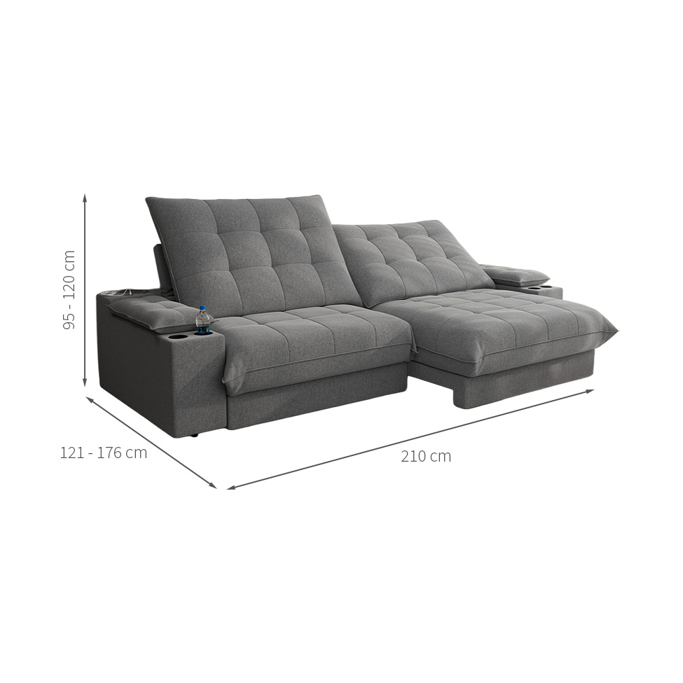 Sofá 3 Lugares Retrátil e Reclinável Volare com USB e Porta-Copos Linho Grafite