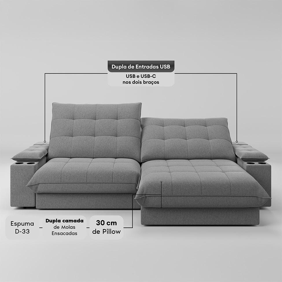 Sofá 3 Lugares Retrátil e Reclinável Volare com USB e Porta-Copos Linho Grafite