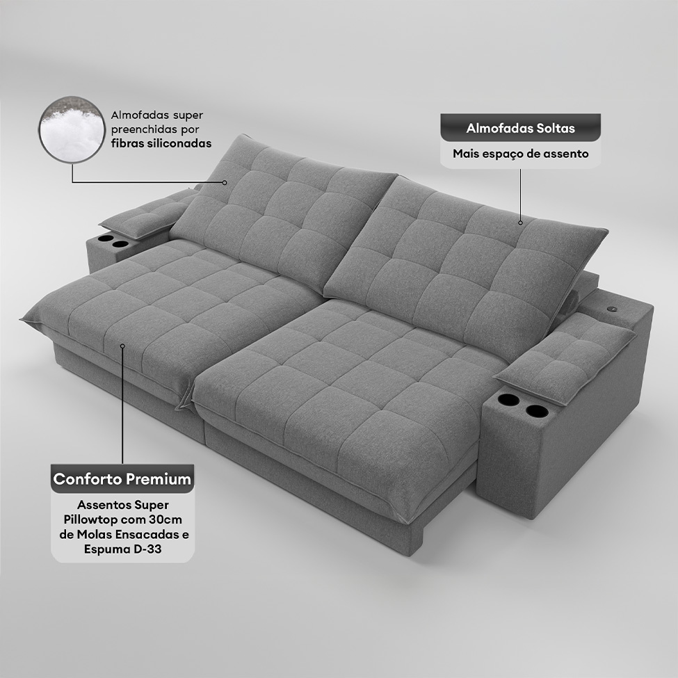 Sofá 3 Lugares Retrátil e Reclinável Volare com USB e Porta-Copos Linho Grafite