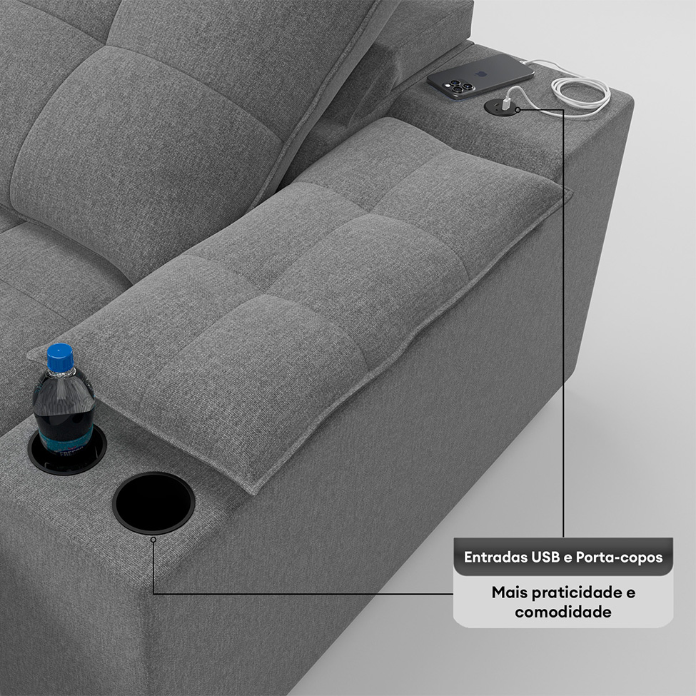 Sofá 3 Lugares Retrátil e Reclinável Volare com USB e Porta-Copos Linho Grafite