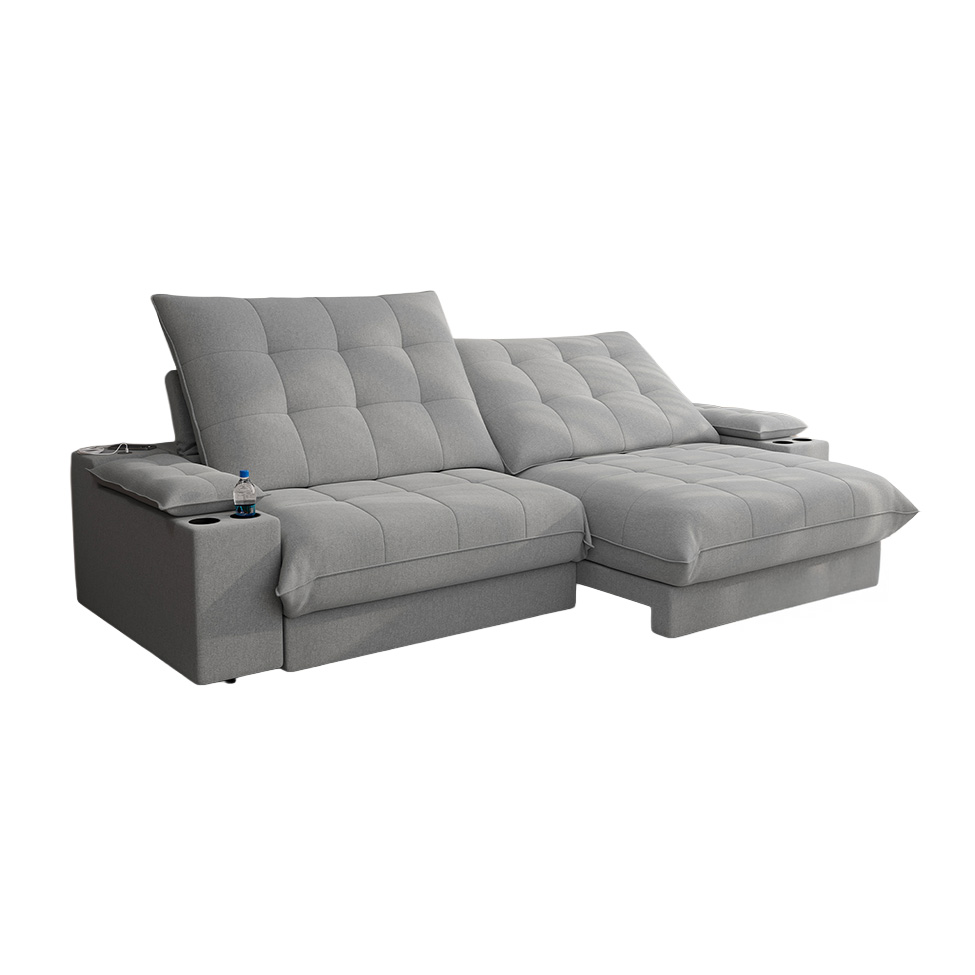 Sofá 3 Lugares Retrátil e Reclinável Volare com USB e Porta-Copos Linho Prata