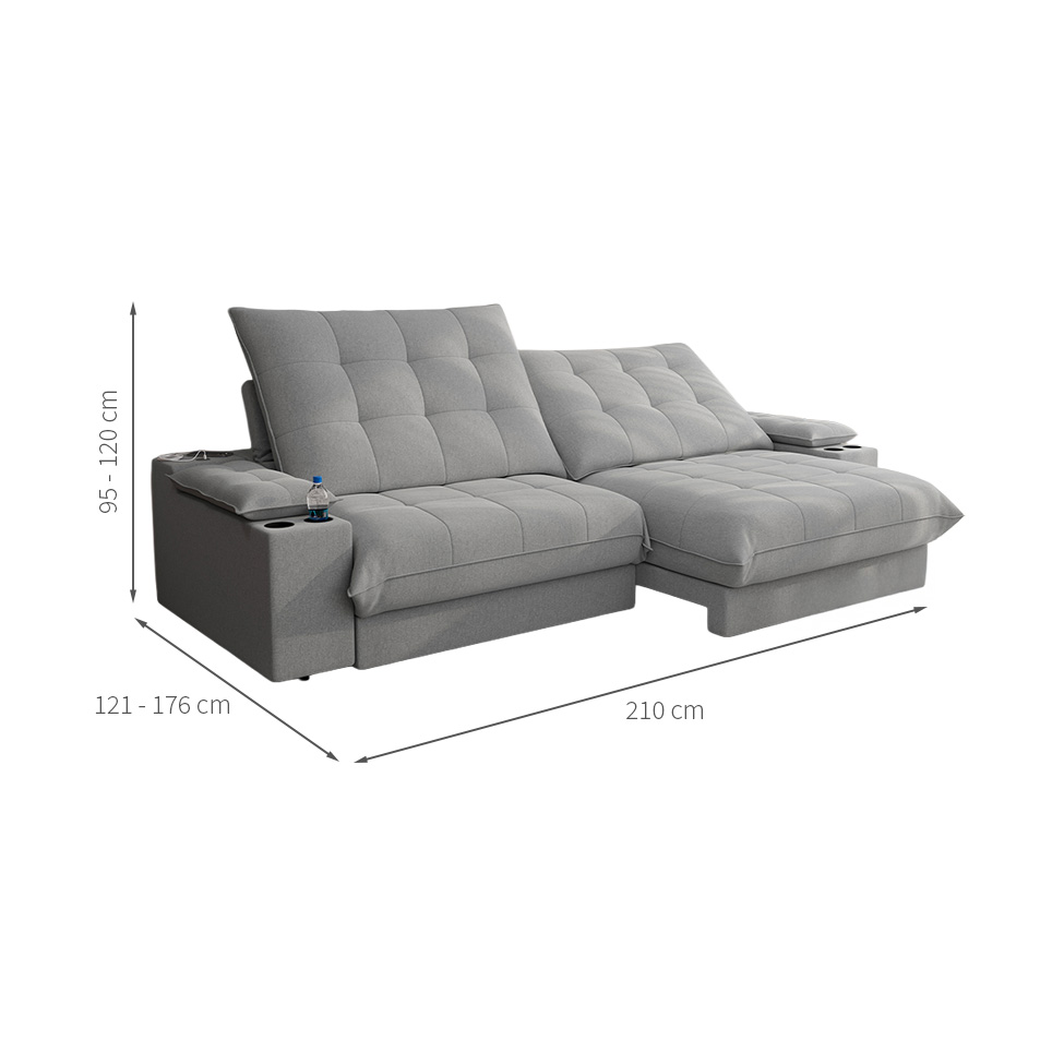 Sofá 3 Lugares Retrátil e Reclinável Volare com USB e Porta-Copos Linho Prata