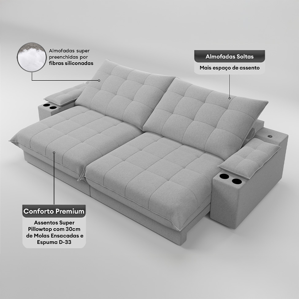 Sofá 3 Lugares Retrátil e Reclinável Volare com USB e Porta-Copos Linho Prata