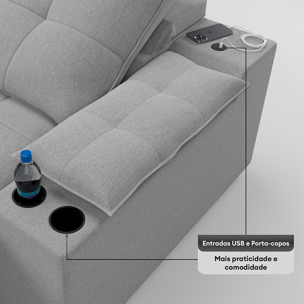 Sofá 3 Lugares Retrátil e Reclinável Volare com USB e Porta-Copos Linho Prata