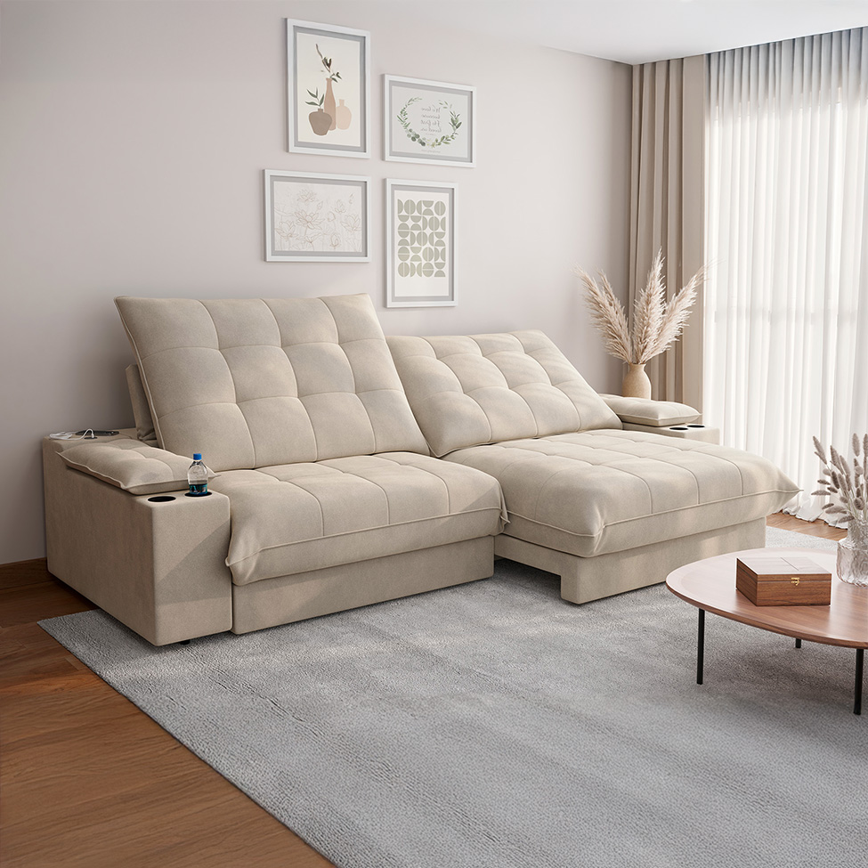 Sofá 3 Lugares Retrátil e Reclinável Volare com USB e Porta-Copos Veludo Areia