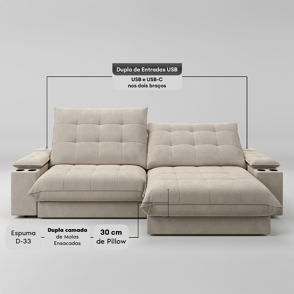 Sofá 3 Lugares Retrátil e Reclinável Volare com USB e Porta-Copos Veludo Areia