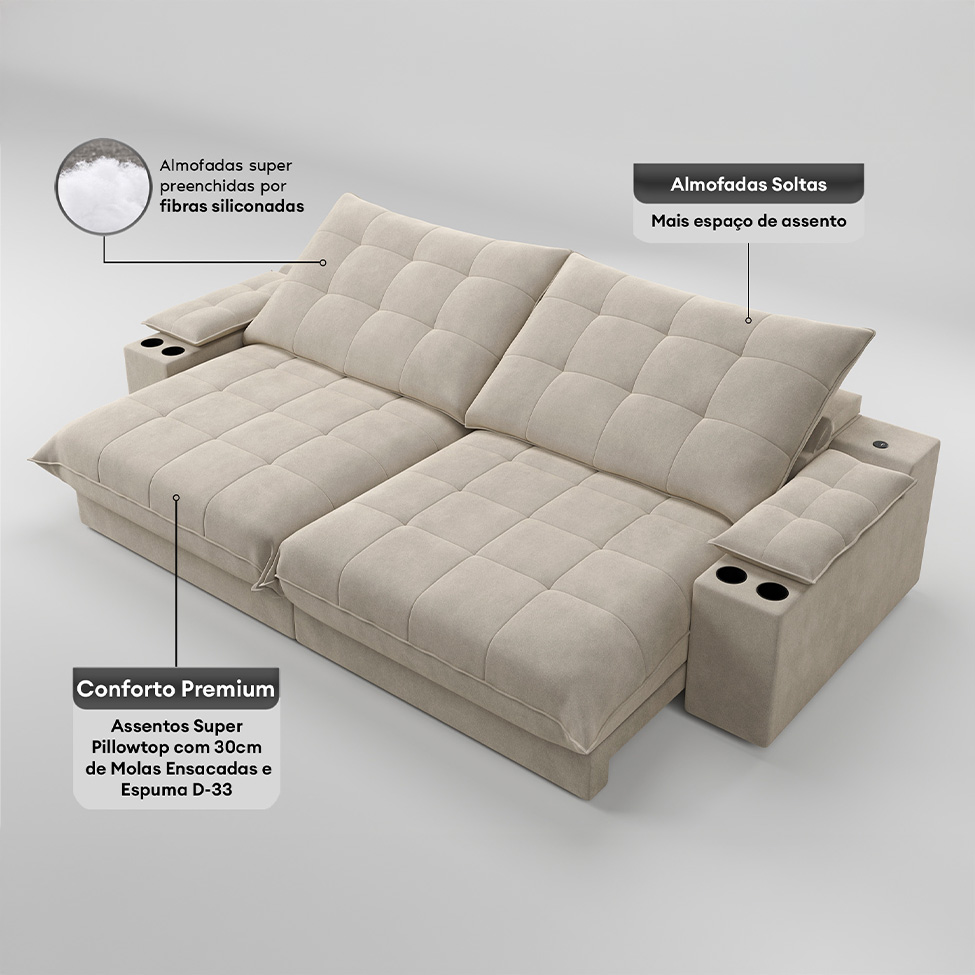 Sofá 3 Lugares Retrátil e Reclinável Volare com USB e Porta-Copos Veludo Areia