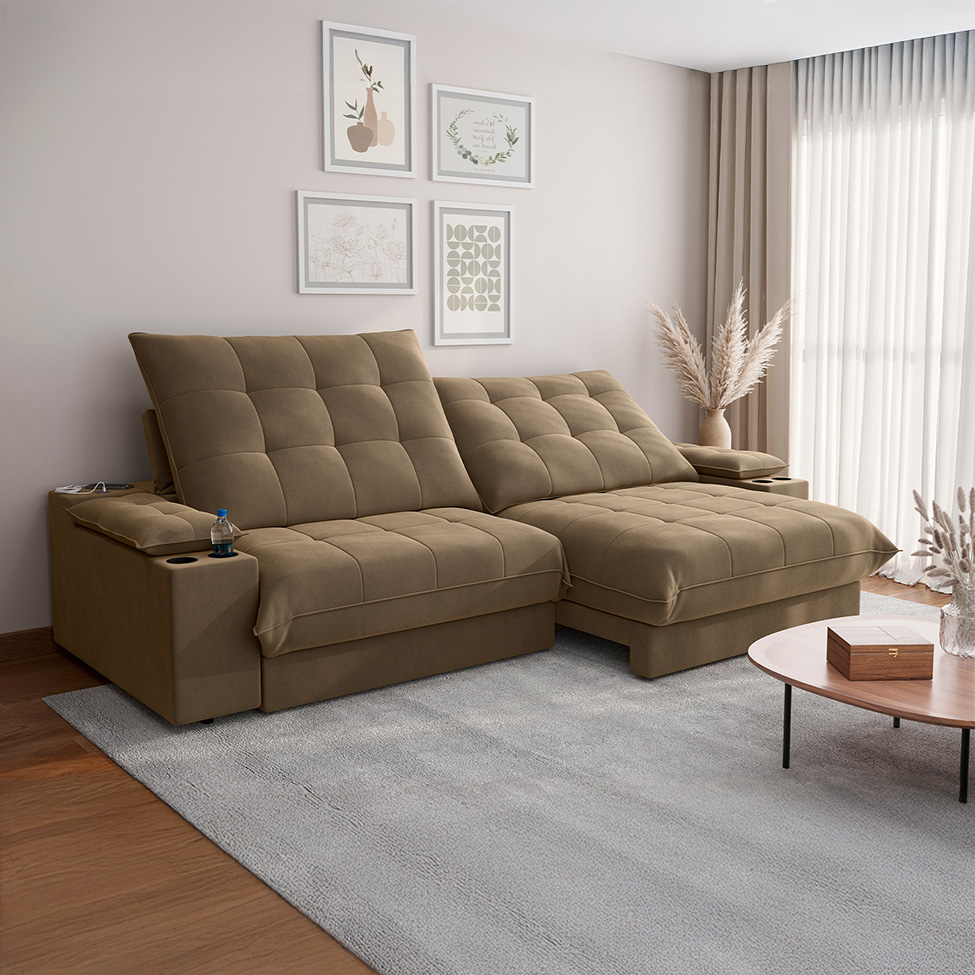 Sofá 3 Lugares Retrátil e Reclinável Volare com USB e Porta-Copos Veludo Castor