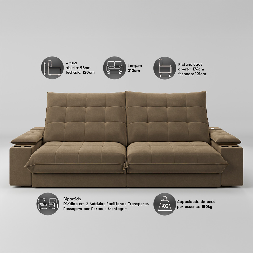 Sofá 3 Lugares Retrátil e Reclinável Volare com USB e Porta-Copos Veludo Castor