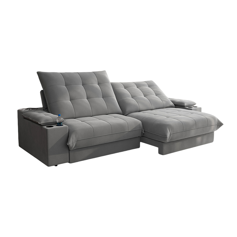 Sofá 3 Lugares Retrátil e Reclinável Volare com USB e Porta-Copos Veludo Cinza